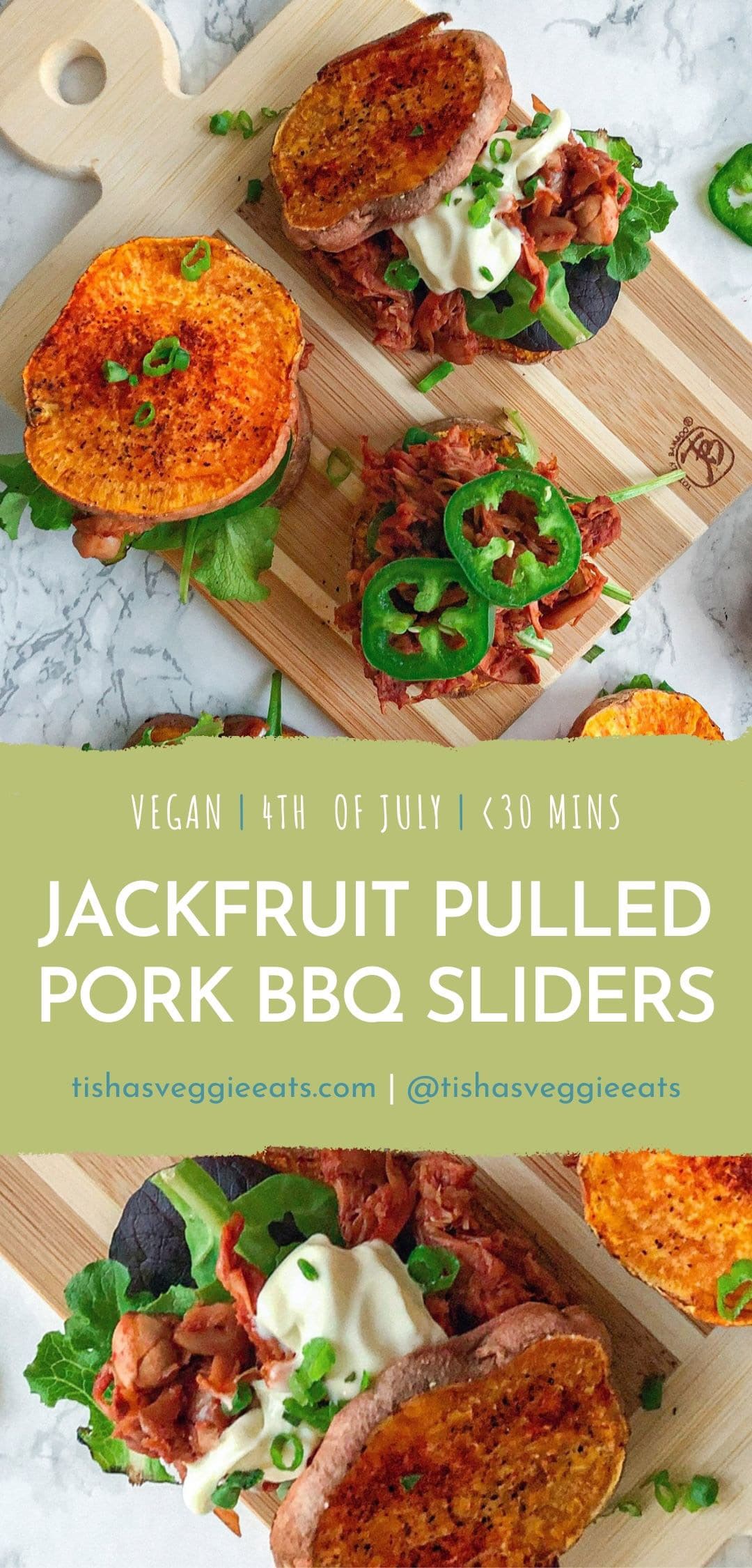 sweet potato vegan jackfruit pulled pork bbq sliders on cutting board with greens and avocado mayo pinterest image