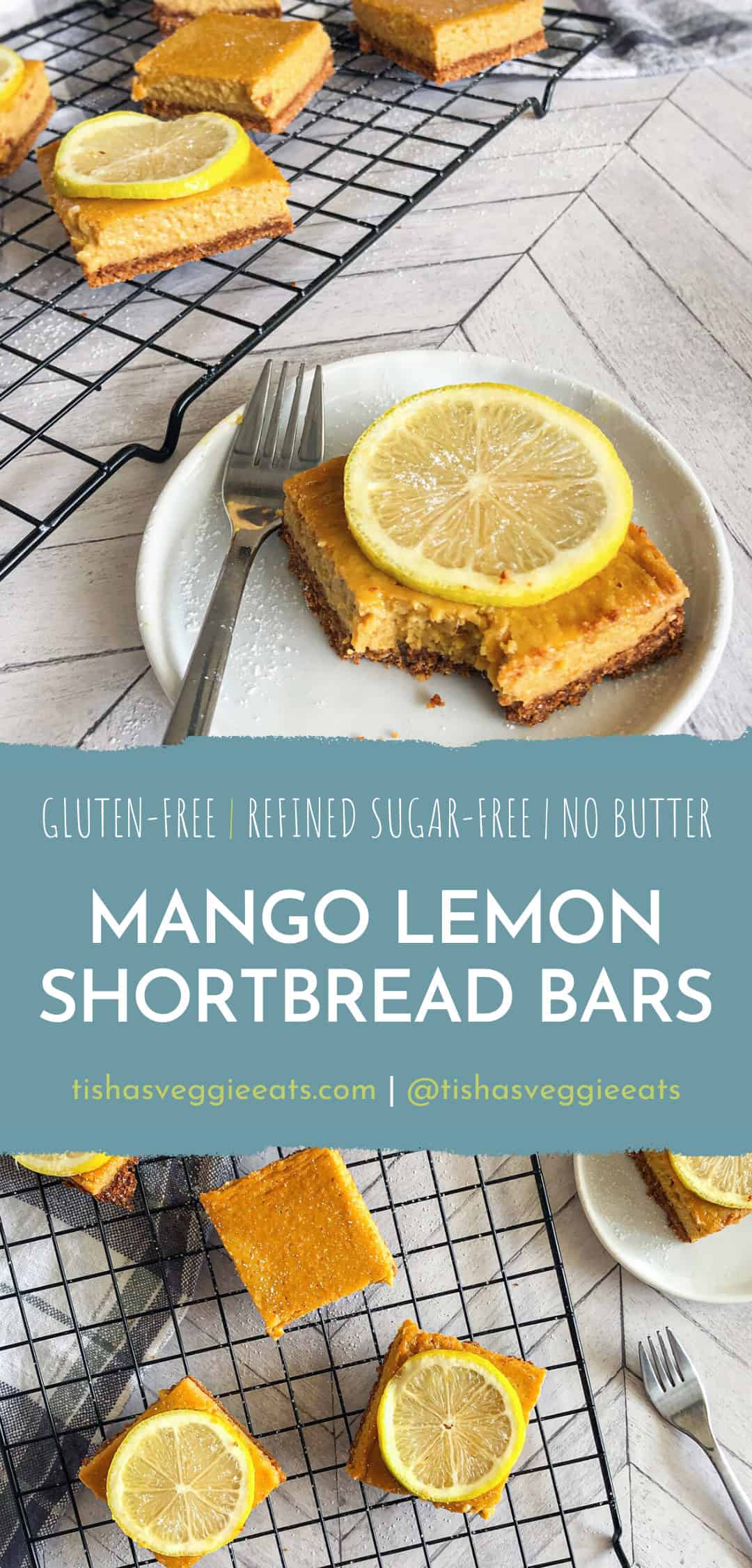 mango lemon shortbread bar in small white plate with lemon slice on top and bars on cooling rack in background pinterest image
