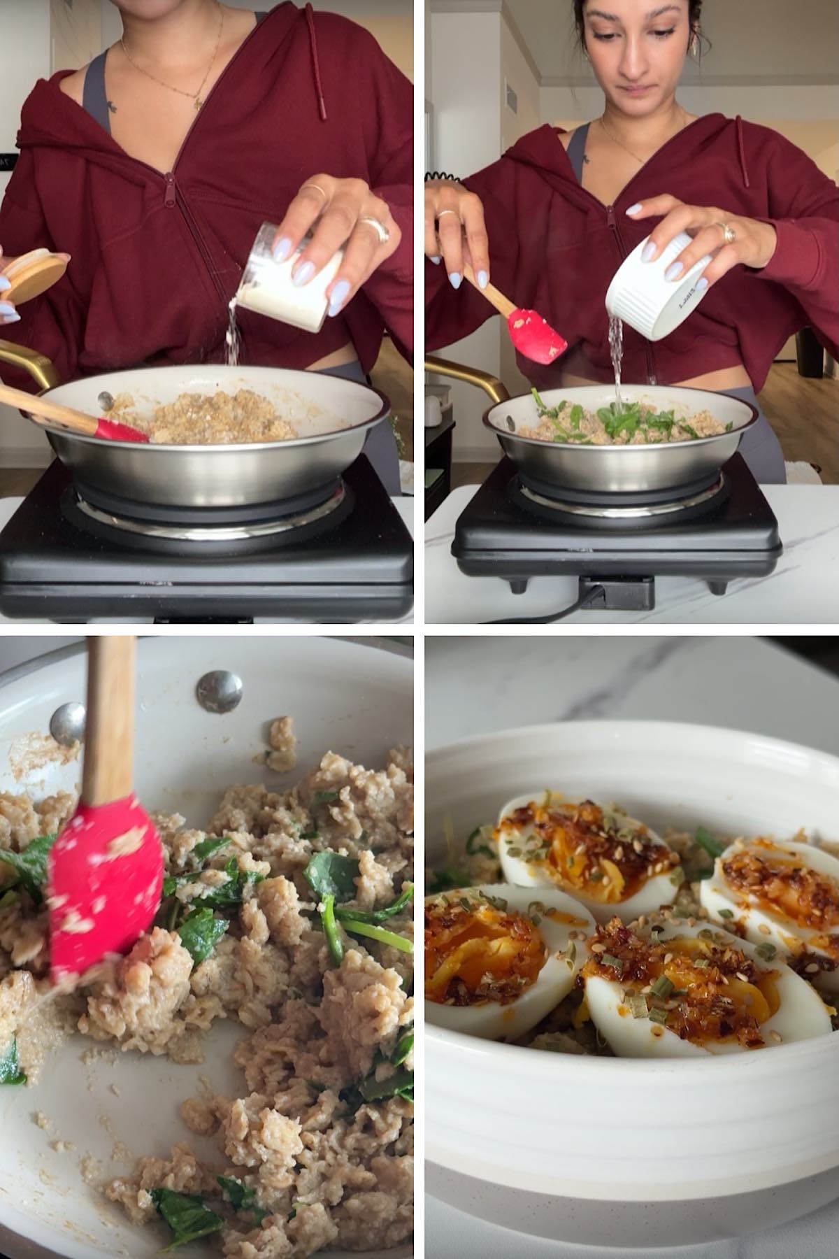 Chili crisp egg savory oats in a white bowl, topped with soft boiled eggs, chili crisp, sesame seeds, and chopped herbs, served with a spoon on a marble countertop.