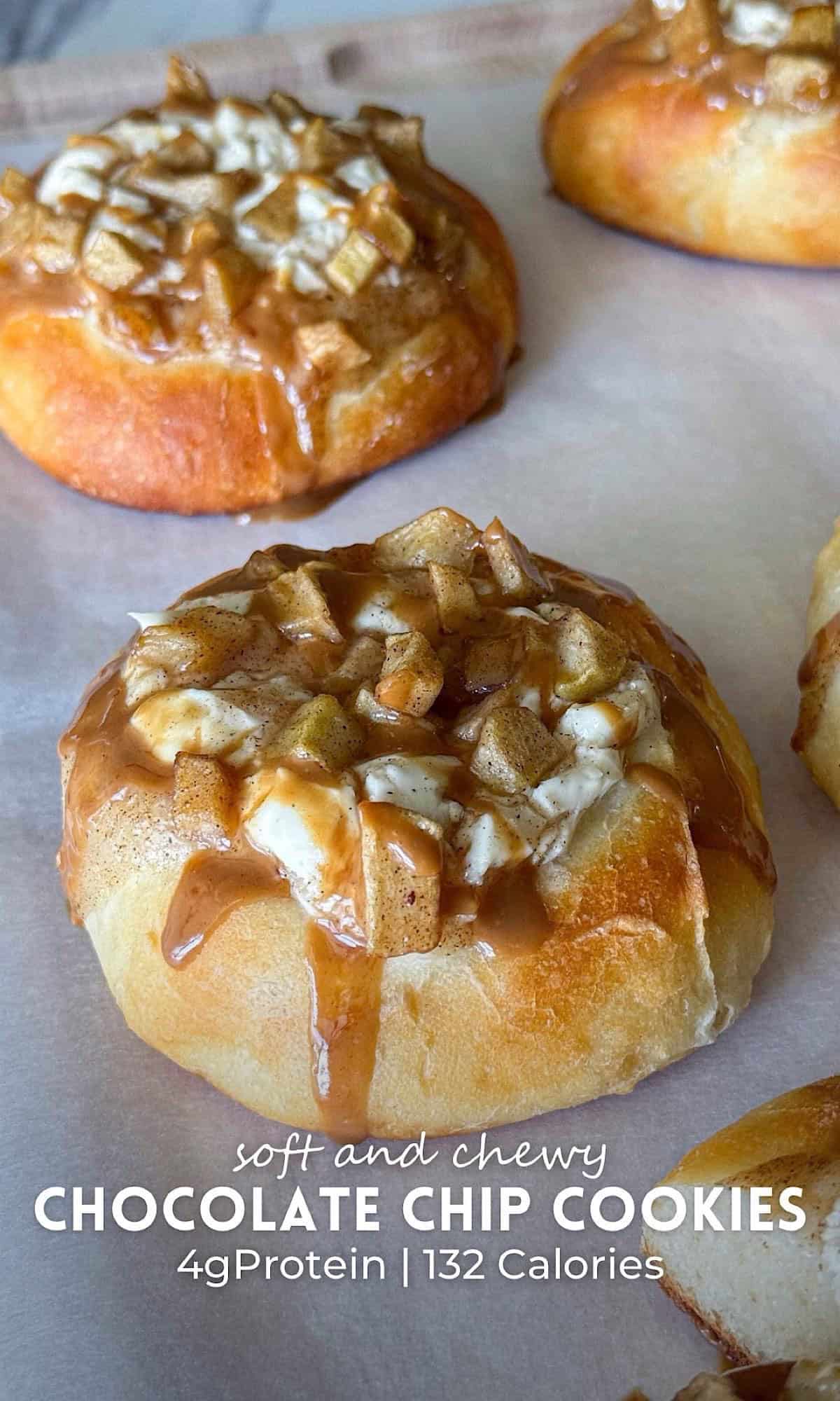 Caramel Apple Cheesecake Buns 13 Freshly baked caramel apple cheesecake buns filled with creamy cheesecake and cinnamon apples, topped with a caramel drizzle.